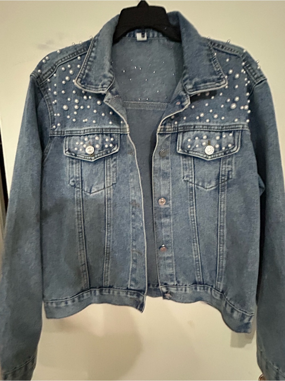 Denim Jacket with Pearl Studs - Blue
